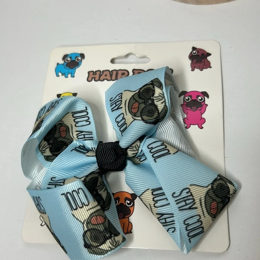 PUG Dogs Grosgrain All Over Print Bundle of 3 Adorable Hair Bows‎ Super Cute NWT